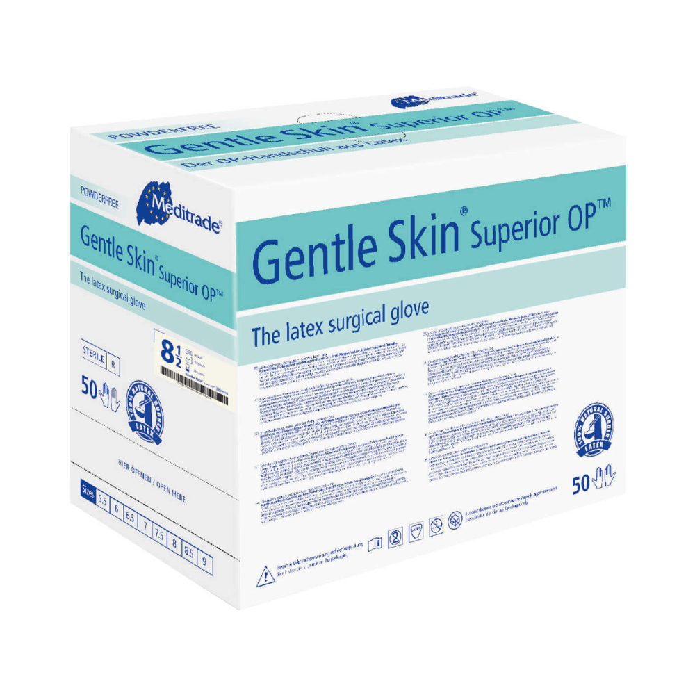 Krabice latexových chirurgických rukavic Meditrade Gentle Skin® Superior OP™ velikosti 8,5 obsahuje 50 párů. Balení je převážně bílé a modré s podrobnými informacemi o produktu. Tyto latexové chirurgické rukavice jsou od značky Meditrade GmbH.