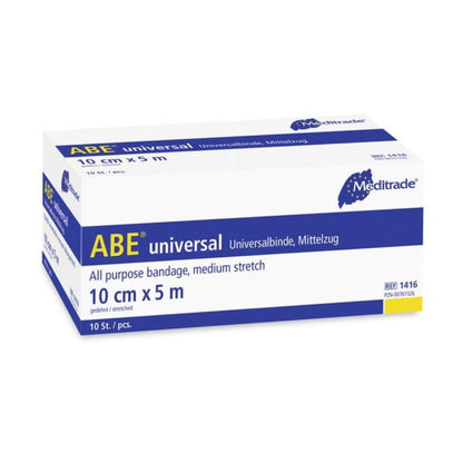 Meditrade ABE® trvale elastické univerzální obinadlo nesterilní 10 cm x 5 m od Meditrade GmbH je baleno v bílé krabičce s modrým písmem. Nabízí střední roztažnost pro lékařské použití a v pravém horním rohu nese logo Meditrade. Balení obsahuje 10 kusů.