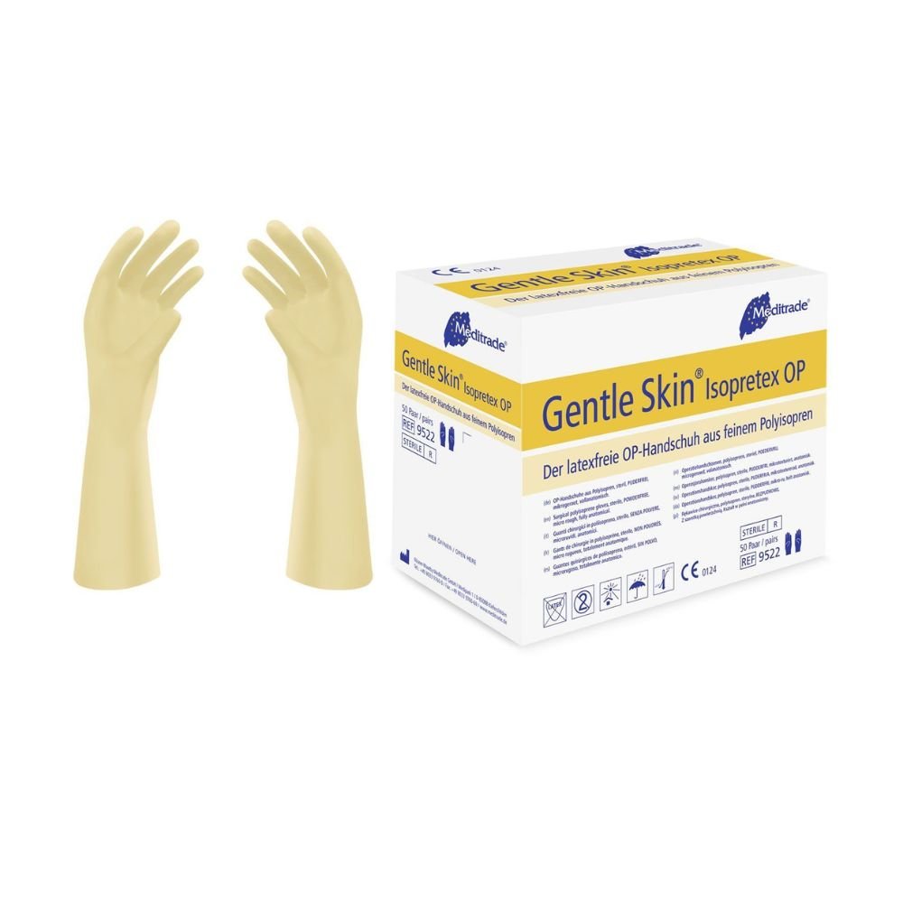 Dva béžové sterilní chirurgické rukavice Meditrade Gentle Skin® Isopretex® bez pudru jsou vystaveny vedle krabice. Krabice je označena v angličtině a němčině a zdůrazňuje sterilní a bezpudrové vlastnosti rukavic. Symboly zdůrazňují složení bez latexu a dodržování bezpečnostních standardů.