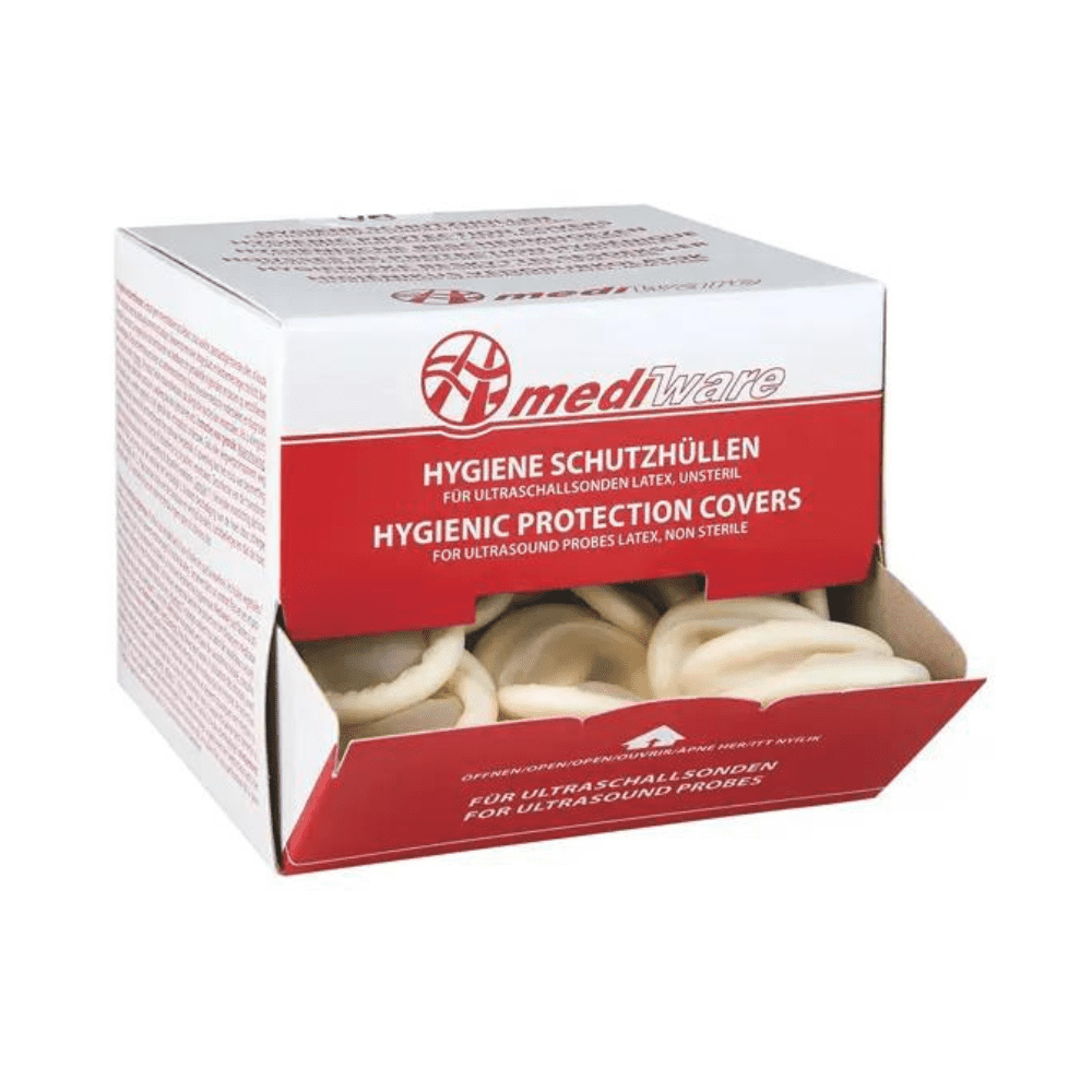 Krabice se značkou „Servoprax GmbH“ a nápisem „Mediware ultrazvukové ochranné obaly bez lubrikantu – ø 32 mm | balení (144 kusů)“ obsahuje ochranné obaly pro ultrazvukové sondy, které byly speciálně vyvinuty pro rektální a vaginální sondy s průměrem 32 mm. V otevřené krabici se nachází několik nesterilních latexových ultrazvukových obalů s popisky v němčině a angličtině.