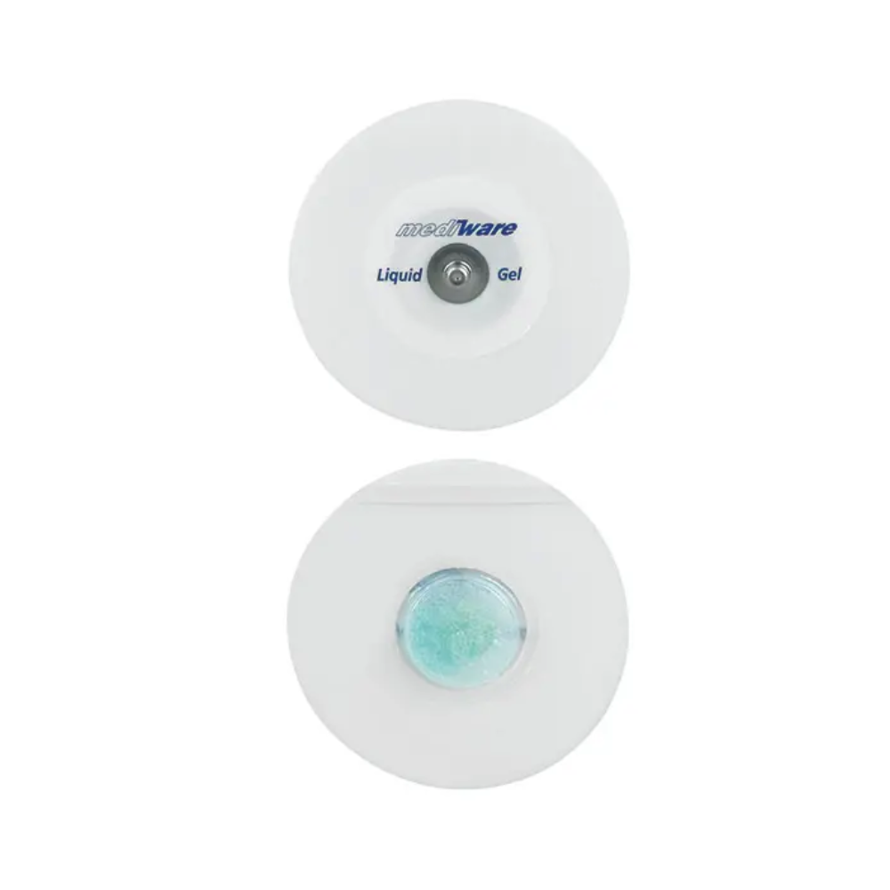 Obrázek ukazuje dvě kulaté pěnové elektrody. Horní elektroda nese nápis „Servoprax GmbH“, což naznačuje technologii Liquid-Gel. Dolní elektroda má viditelné modrozelené gelové centrum. Obě jsou vyrobeny pro lékařské použití a jsou vybaveny tlačítkovým konektorem pro snadné použití.