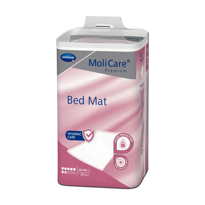 Balení MoliCare® Premium Bed Mat ochranná podložka na postel 7 kapek s 25 kusy, prezentováno v růžovo-bílém designu, který zdůrazňuje ochranu a hygienu, od společnosti Paul Hartmann AG.