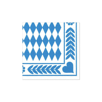 PAPSTAR 250 ubrousků, 3-vrstvé 1/4-skládání od PAPSTAR GmbH ukazují modro-bílý diamantový vzor s listovými okraji, tečkami a rohovým srdcem - ideální ekologické ubrousky pro gastronomii.