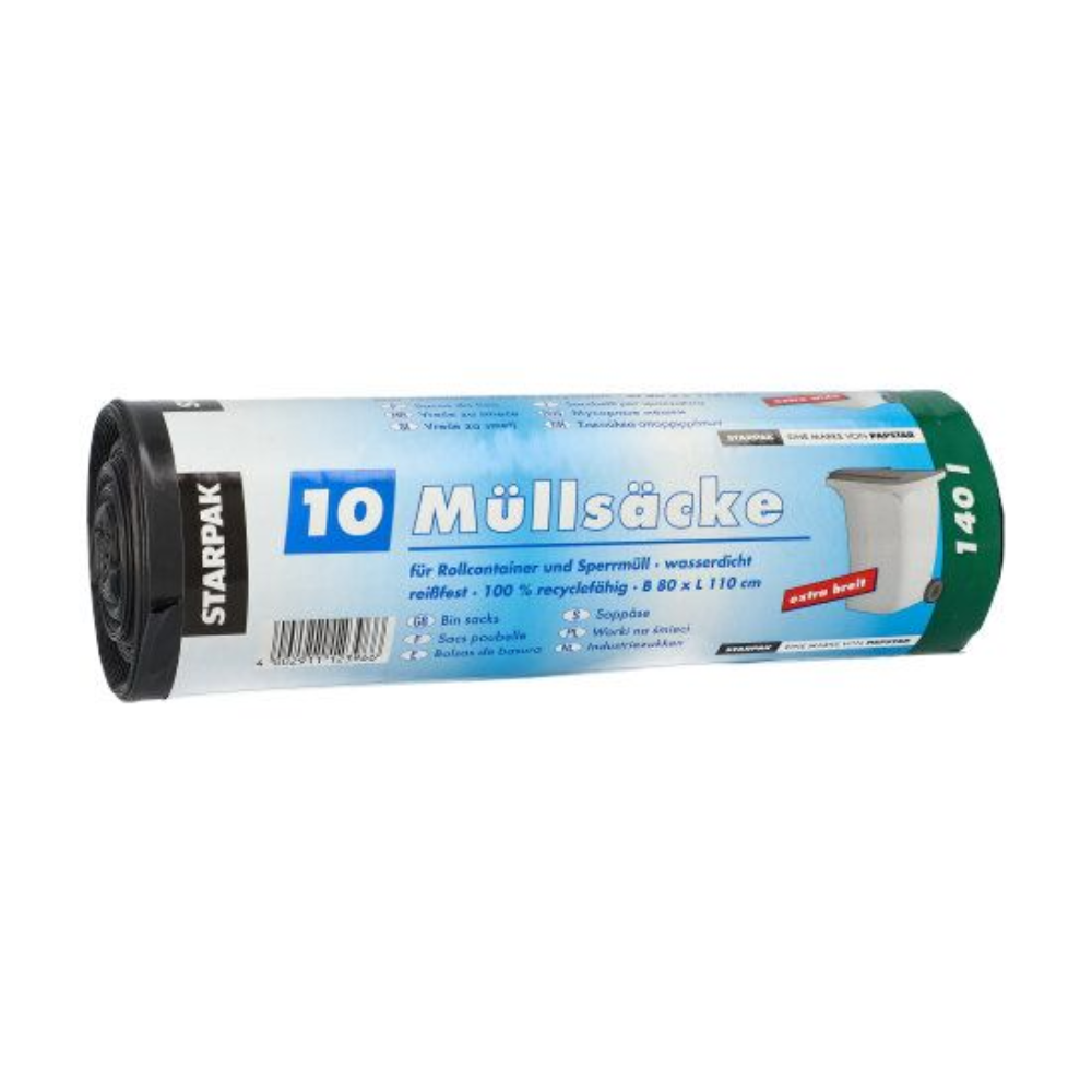 Role Starpak 10 pytlů na odpadky, LDPE-černé 140L pytle (80 x 110 cm) s německým textem na modré, zelené a bílé etiketě; každá role obsahuje 10 pytlů.