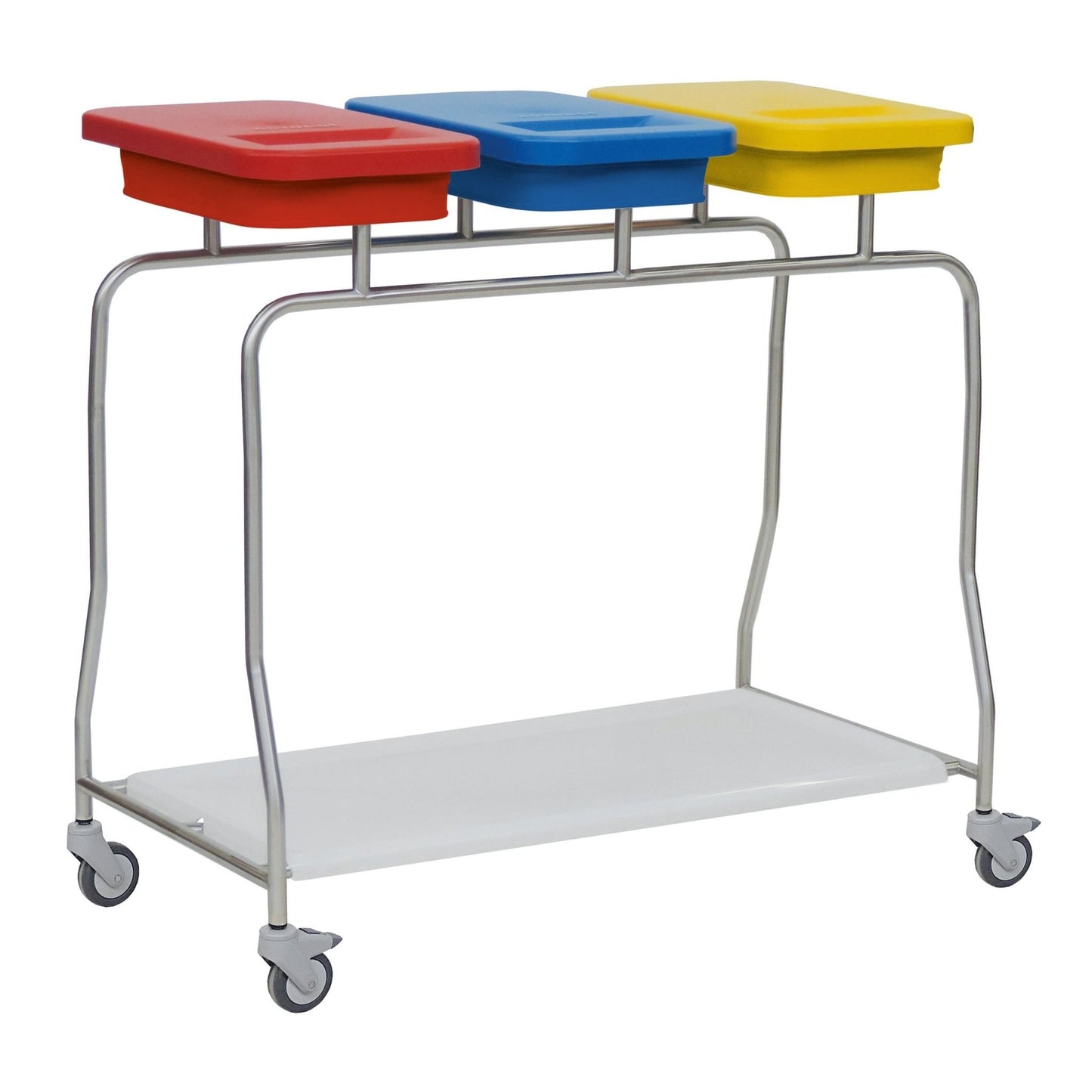 Der Novocal Edelstahl-Abfallsammler "Kompakt" Dreifachsammler verfügt über einen Edelstahlrahmen, drei farbcodierte Deckel (rot, blau, gelb), einen unteren weißen Einlegeboden und vier Lenkrollen für effiziente Abfallsortierung und -transport.