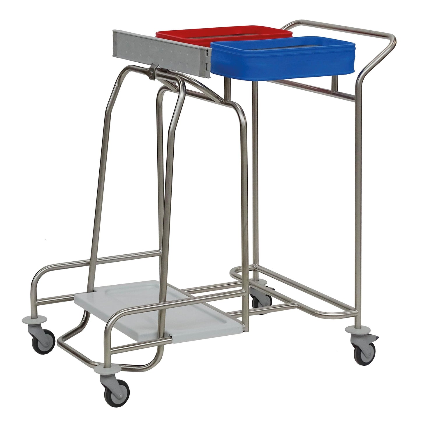 Der Novocal Edelstahl-Wäschesammler "Kompakt plus" Zweifach-Kombisammler verfügt über einen Edelstahlrahmen, vier Räder und fasst zwei rechteckige Behälter - rot und blau - für eine effiziente Wäschesortierung.