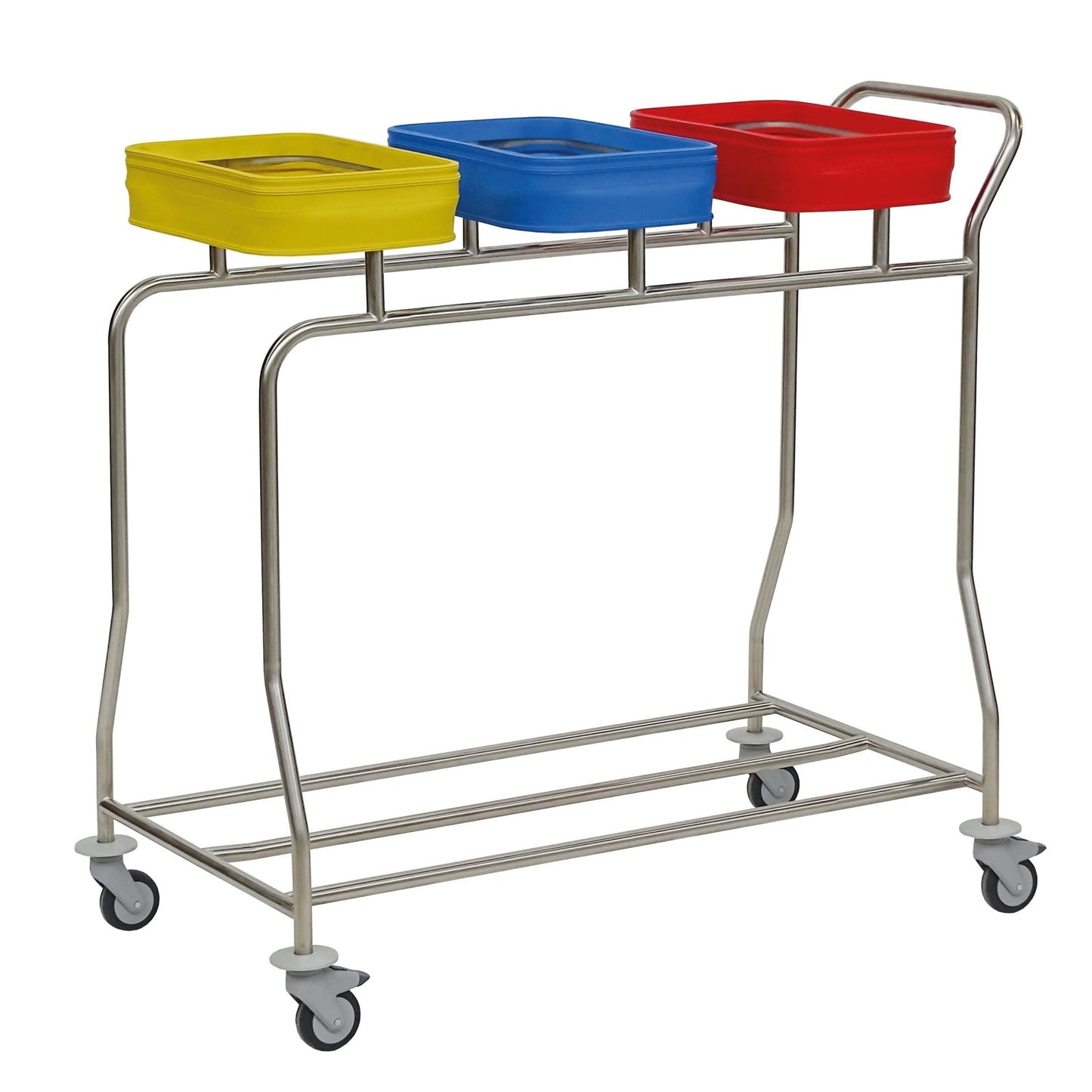 Kompaktní řešení šetřící místo: Nerezový sběrač prádla Novocal "Kompakt plus" se třemi barevnými nádobami na kolečkách - ideální pro třídění nebo sběr různých předmětů.