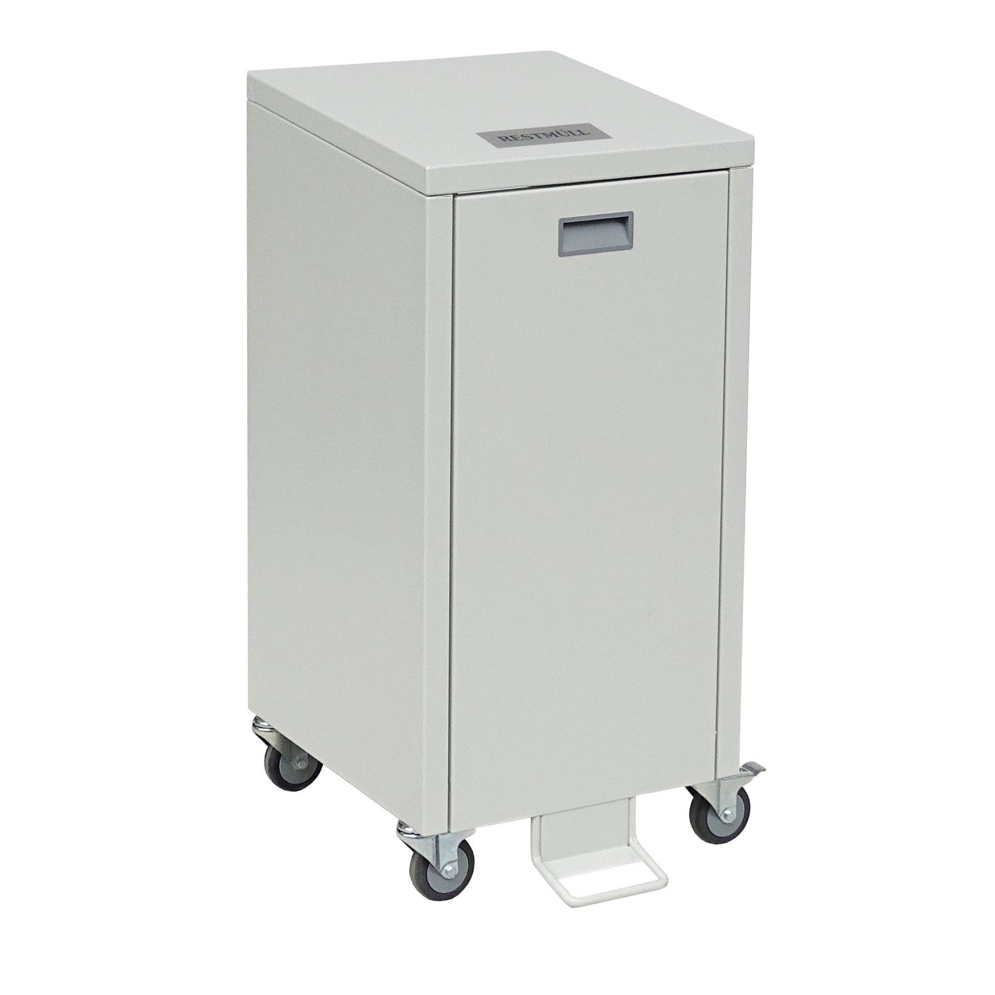 Novocal Wertstoffschrank Serie 3000 Einfachsammler je obdélníkový, světle šedý ocelový kontejner s nožním pedálem, přední rukojetí a čtyřmi otočnými kolečky. Má malý obdélníkový štítek na horní straně.
