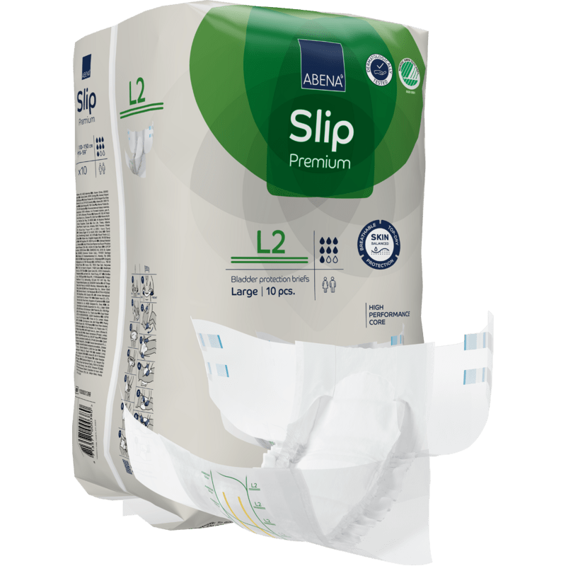 Balení ABENA Slip Premium inkontinenčních slipů od společnosti Abena Re-Seller GmbH, velikost Large (L2), obsahuje 10 kusů. Jeden slip je částečně vytažen z obalu, aby ukázal svůj design a vnitřní výstelku.