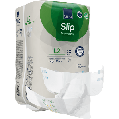 Balení ABENA Slip Premium inkontinenčních slipů od společnosti Abena Re-Seller GmbH, velikost Large (L2), obsahuje 10 kusů. Jeden slip je částečně vytažen z obalu, aby ukázal svůj design a vnitřní výstelku.