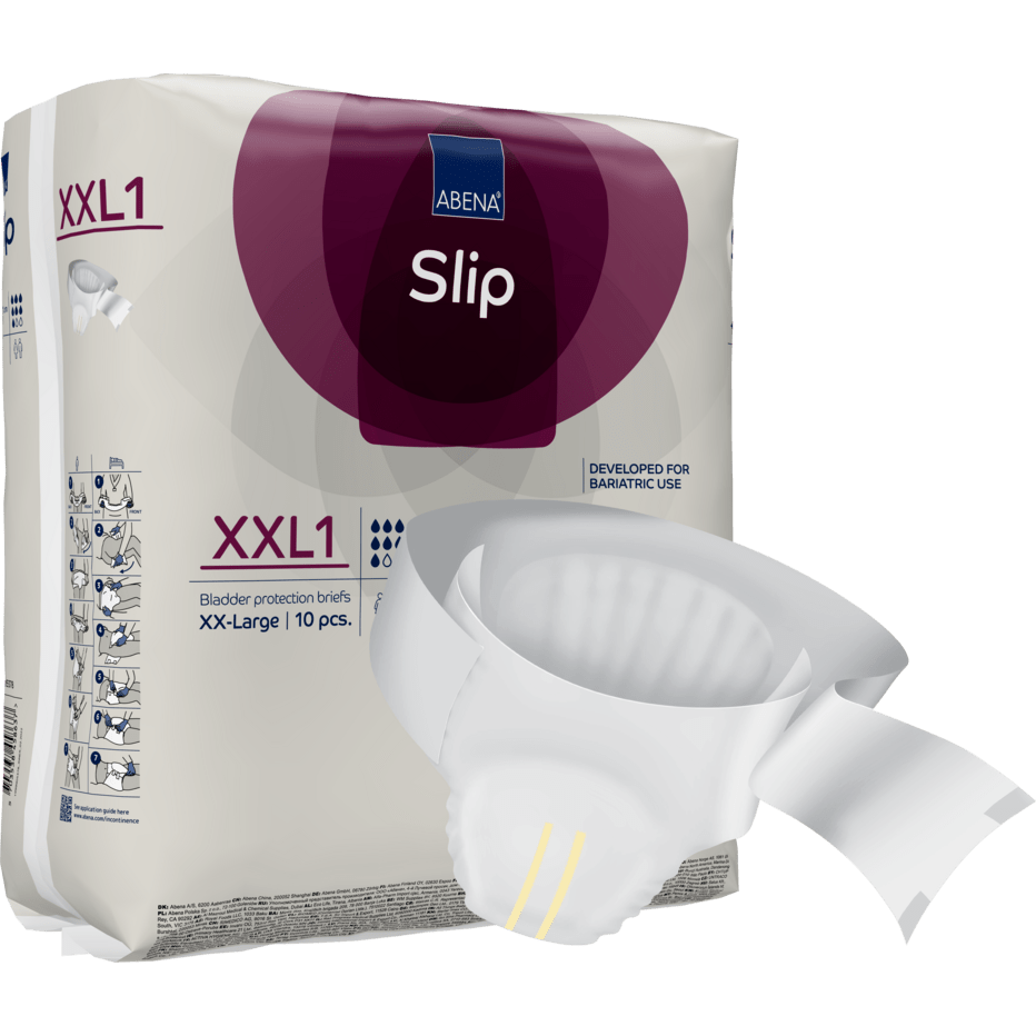 Balení s nápisem "ABENA Slip Premium" od Abena Re-Seller GmbH zobrazuje jednorázový inkontinenční slip pro efektivní péči, který se vyznačuje savým centrem, bezpečnými lepicími pásky a designem vhodným pro bariatrické použití.