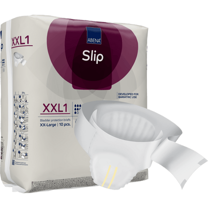 Balení s nápisem "ABENA Slip Premium" od Abena Re-Seller GmbH zobrazuje jednorázový inkontinenční slip pro efektivní péči, který se vyznačuje savým centrem, bezpečnými lepicími pásky a designem vhodným pro bariatrické použití.
