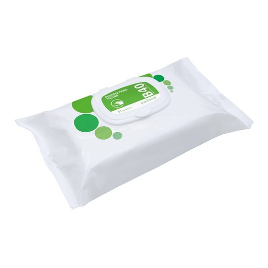 Eine Packung Orochemie B 40 Desinfektionstücher, gebrauchsfertig mit einem grünen Etikett mit der englischen Aufschrift „refreshing“, speziell für die Schnelldesinfektion konzipiert, auf einem schlichten weißen Hintergrund.