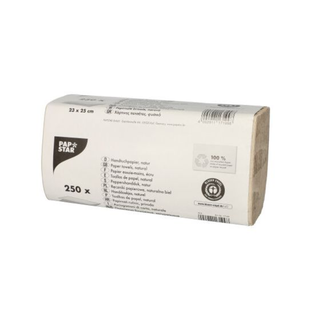 Balení papírových ručníků od PAPSTAR GmbH je přírodní barvy, má rozměry 25 x 23 cm a je ve stylu cikcak. Každé balení obsahuje 250 jednovrstvých ručníků a je hrdě označeno ekologickou značkou Modrý anděl.