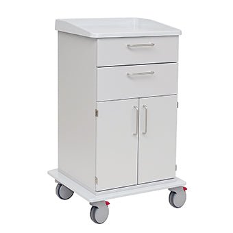 Novocal pečovatelský a pracovní vozík se dvěma zásuvkami, dvoudveřovou skříňkou, kovovými úchyty a čtyřmi kolečky (vzadu s červenými brzdami) je ideální pro pečovatelské oblasti. Robustní podvozek z plného plastu. Balení: 1 kus.