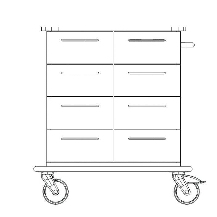 Černobílá kresba zobrazuje pečovatelský a pracovní vozík Novocal: pojízdný vozík s 8 zásuvkami ve 2 sloupcích a 4 řadách, velkými předními koly, malými zadními koly, pravostrannou rukojetí a deskou z plného plastu. Značka: Novocal.
