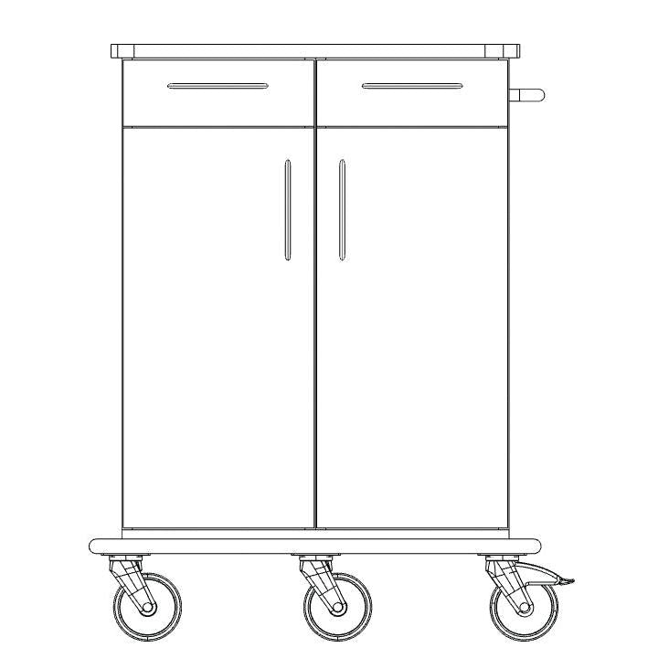 Čárový výkres podvozku pečovatelského a pracovního vozíku Novocal zobrazuje vozík s dvěma velkými dveřmi, dvěma zásuvkami, rukojetí na pravé straně a čtyřmi otočnými kolečky - ideální pro skladování nebo přepravu.