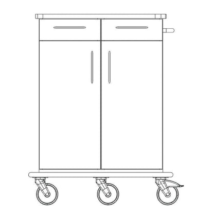 Čárový výkres podvozku pečovatelského a pracovního vozíku Novocal zobrazuje vozík s dvěma velkými dveřmi, dvěma zásuvkami, rukojetí na pravé straně a čtyřmi otočnými kolečky - ideální pro skladování nebo přepravu.