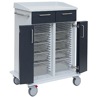 Novocal pečovatelský a pracovní vozík má robustní podvozek z plného plastu, dvě horní zásuvky, otevřené dvojité dveře s průhlednými policemi uvnitř a čtyři kolečka pro snadnou mobilitu.