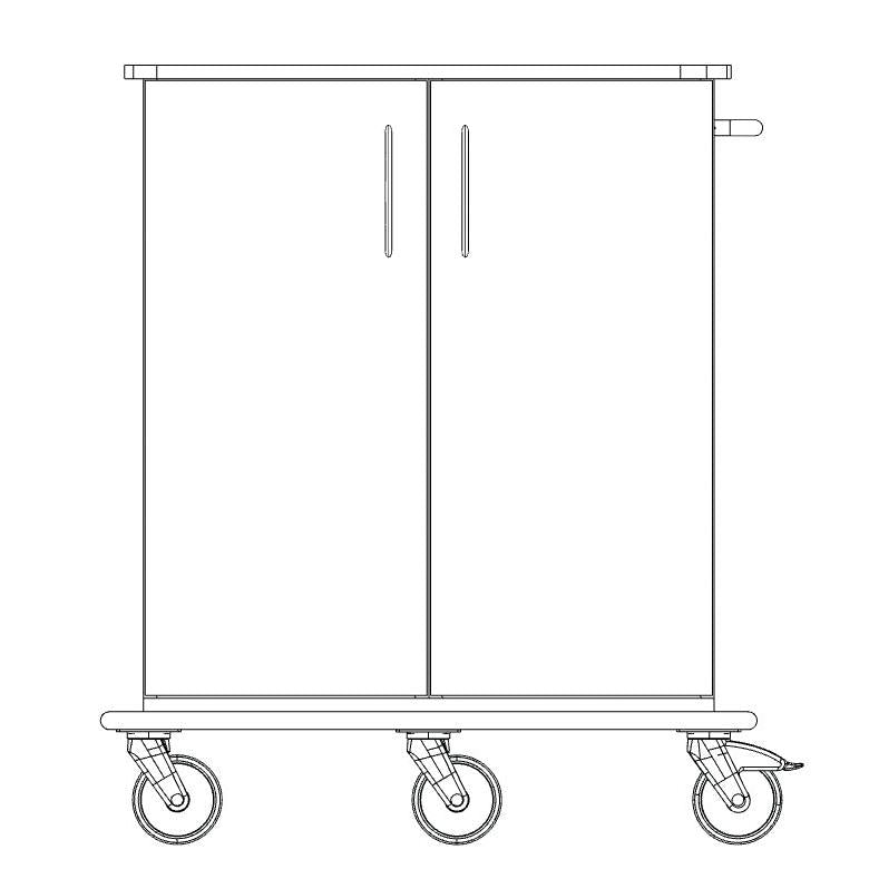 Kresba vozíku Novocal pro péči a práci ukazuje obdélníkový podvozek se dvěma vertikálními dveřmi, čtyřmi otočnými kolečky, boční rukojetí a celoplastovou deskou pro stabilitu a snadnou mobilitu.