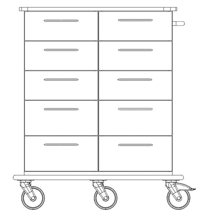 Pohled zepředu na čárový výkres ošetřovatelského a pracovního vozíku Novocal s osmi zásuvkami, plochou deskou, boční rukojetí a čtyřmi otočnými kolečky na souvislém přepravním rámu z plného plastu. Značka: Novocal. Balení: 1 kus.