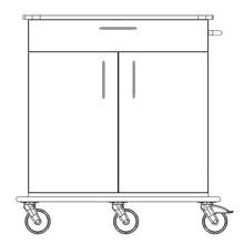 Schwarz-weiße Strichzeichnung des Novocal Pflege- und Arbeitswagens mit Vollkunststoffsockel, oberer Schublade, zwei unteren Türen, Griff an der rechten Seite und vier Lenkrollen (eine davon gebremst). Marke: Novocal. 1 Stück pro Packung.