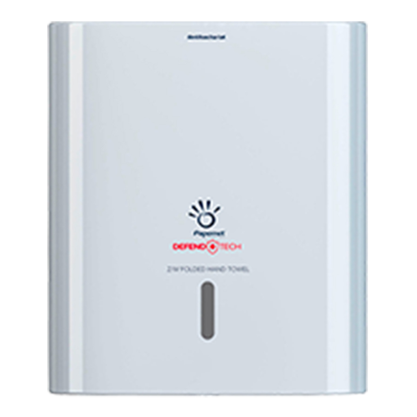 Lesklý, bílý zásobník na papírové ručníky značky Sofidel Germany GmbH s červeným „DEFEND TECH Z-Folded Hand Towel“ vedle loga s otiskem ruky. Design technologie DEFEND TECH má vertikální, průsvitný otvor pro snadné sledování stavu ručníků a je proto ideální pro Papernet skládané ručníky. Název produktu: Papernet Antibakteriální zásobník pro Z/W skládací ručníky s technologií Defend Tech | Karton (1 balení).