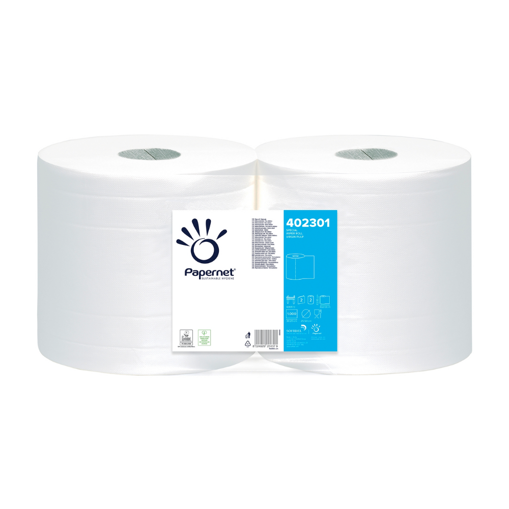 Dvě velké role Papernet průmyslového papíru, produktové číslo 402301, jsou zabaleny společně. Štítek nese značku „Sofidel Germany GmbH“ a obsahuje symboly, které odkazují na informace o recyklaci. Tyto savé, dvouvrstvé papírové utěrky jsou ideální pro všechny úklidové práce.