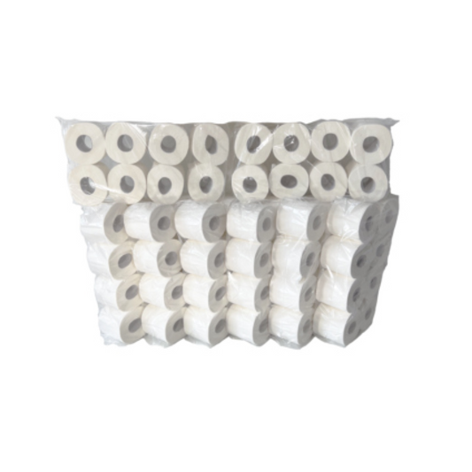Eine große, transparente Plastikpackung mit mehreren Rollen Papernet Toilettenpapier 416640, 3-lagig | Packung (8 Rollen). Die Rollen sind in vier Spalten gestapelt, wobei in jeder Rolle weiße Innenröhren sichtbar sind.