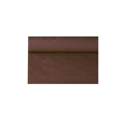 Role papírového ubrusu s damaskovým ražením od PAPSTAR GmbH s elegantním hnědým damaskovým vzorem je prezentována na bílém pozadí. Strukturovaný papírový ubrus je částečně rozvinutý a ukazuje svůj složitý design, ideální pro náročnou stolní dekoraci.