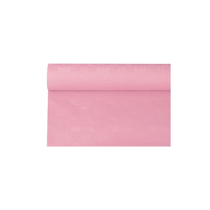 Rozvinutý kus PAPSTAR papírového ubrusu s damaškovým vzorem, v růžovém odstínu, spočívá elegantně na bílém pozadí.