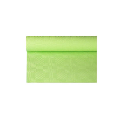 Role světle zeleného papírového ubrusu s damaškovým vzorem od PAPSTAR GmbH o rozměrech 6 m x 1,2 m, ideální pro slavnostní příležitosti, je částečně rozvinutá na bílém pozadí.