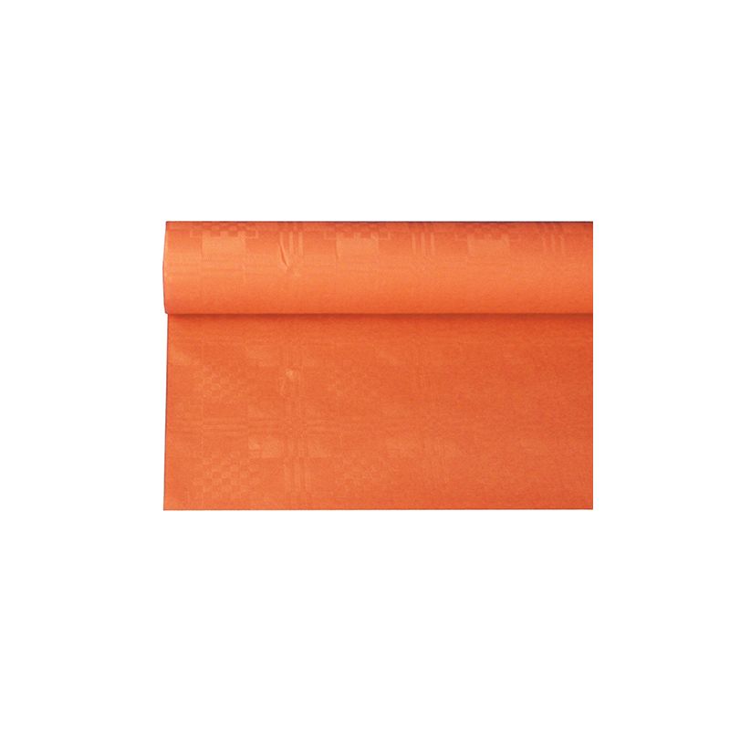 Částečně rozvinutá role PAPSTAR papírového ubrusu s damaškovým vzorem ve formátu 6 x 1,2 m ukazuje svůj složitý vzor a strukturu na jednoduchém bílém pozadí.