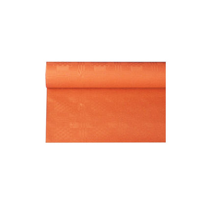 Částečně rozvinutá role PAPSTAR papírového ubrusu s damaškovým vzorem ve formátu 6 x 1,2 m ukazuje svůj složitý vzor a strukturu na jednoduchém bílém pozadí.