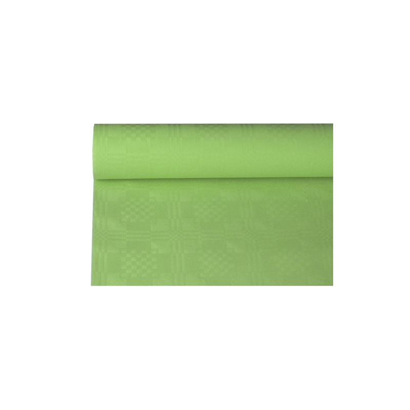 PAPSTAR papírový ubrus s damaskovým ražením od PAPSTAR GmbH, 8 m x 1,2 m, ve světle zelené barvě s jemným kostičkovaným vzorem, dodává každé stolní dekoraci eleganci. Hladký papírový ubrus je částečně rozvinutý, takže jeho design vynikne na jednoduchém bílém pozadí.