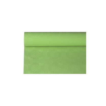 PAPSTAR papírový ubrus s damaskovým ražením od PAPSTAR GmbH, 8 m x 1,2 m, ve světle zelené barvě s jemným kostičkovaným vzorem, dodává každé stolní dekoraci eleganci. Hladký papírový ubrus je částečně rozvinutý, takže jeho design vynikne na jednoduchém bílém pozadí.