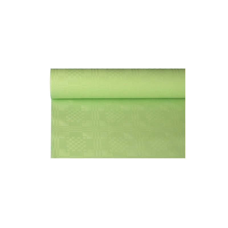 Role světle zeleného PAPSTAR papírového ubrusu s damaškovým vzorem od PAPSTAR GmbH o rozměrech 8 m x 1,2 m je částečně rozvinutá, aby vyniklo jemné geometrické vzorování a učinilo ho perfektním pro elegantní stolní dekoraci.