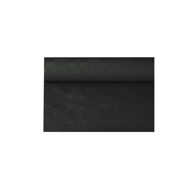 Papírový ubrus s damaškovým vzorem PAPSTAR od PAPSTAR GmbH je role z tmavé látky s decentním damaškovým vzorem a geometrickým vzorem na bílém pozadí a je ideální pro dodání elegance slavnostním příležitostem.