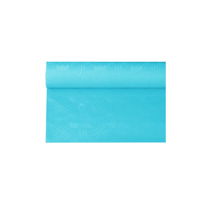 Role PAPSTAR papírového ubrusu s damaškovým vzorem v jasném modrém odstínu, známá svou hladkou texturou a složitým damaškovým vzorem, je částečně rozvinutá na jednoduchém bílém pozadí – ideální pro slavnostní příležitosti.