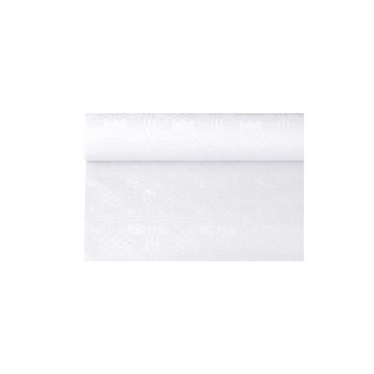 Role PAPSTAR papírového ubrusu s damaškovým vzorem od PAPSTAR GmbH, podobná jednoduché bílé tapetě pro slavnostní příležitosti, je částečně rozvinutá a ukazuje svou hladkou a rovnoměrnou texturu na jednoduchém bílém pozadí.