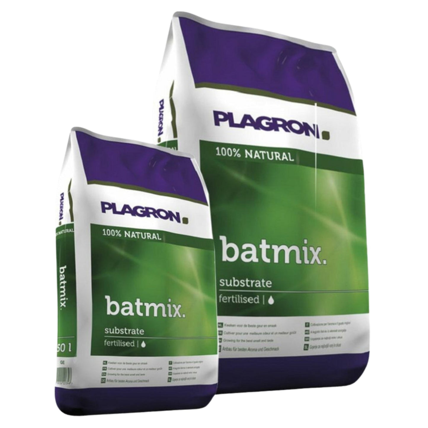 Dva pytle Plagron Batmix od Bertels B.V. v zeleném a fialovém obalu ukazují logo Batmix, jsou označeny jako 100% přírodní a jsou hnojeny rašelinovými druhy pro zlepšení růstu rostlin a jsou dostupné v různých velikostech s podrobnými informacemi na obalu.