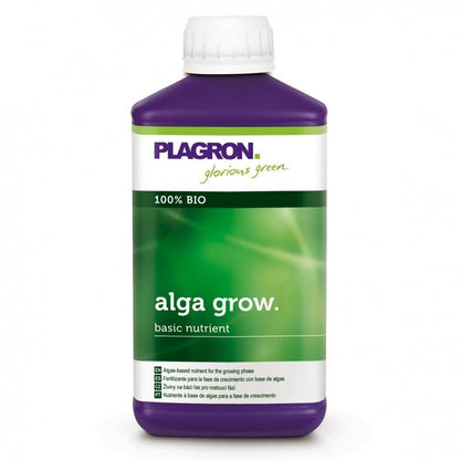 Láhev Plagron Alga Grow Přírodní růstové hnojivo od Bertels B.V. je 100% biologický základní živný prostředek pro růst. Láhev je fialová a má zeleno-bílou etiketu s značkou a informacemi o produktu.