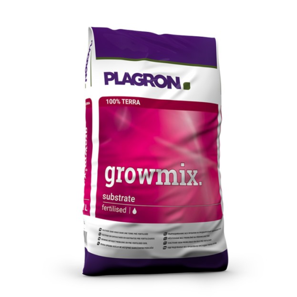 Plagron Growmix s perlitem od Bertels B.V. je prezentován v jedinečném fialovo-růžovém designu s nápadným bílým textem. Skládá se ze 100 % z Terra, obohaceného o červí humus pro lepší vzdušnost, a logo značky je výrazně viditelné nahoře.