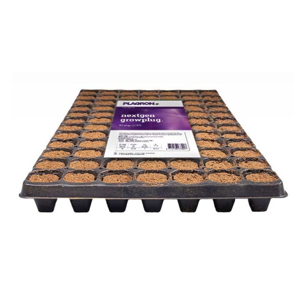 Plagron NextGen Growplug od Bertels B.V. má 84 přihrádek naplněných zeminou, které jsou obohaceny kokosovými vlákny pro lepší tvorbu kořenů. Má mřížkový design, který je ideální pro sázení, a na povrchu je opatřen nápadným štítkem s informacemi o produktu.