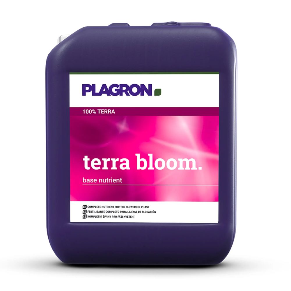 Velká, tmavě fialová láhev s živinou Plagron Terra Bloom od Bertels B.V. vyniká svým výrazným štítkem „Terra Bloom“. Ideální pro fázi kvetení, je to perfektní volba pro hnojivo pro kvetení.