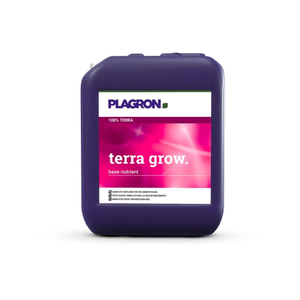 Fialový kontejner s Plagron Terra Grow od Bertels B.V. je představen s bílou etiketou a růžovou částí, což zdůrazňuje jeho roli při podpoře rychlejšího růstu rostlin během růstové fáze.