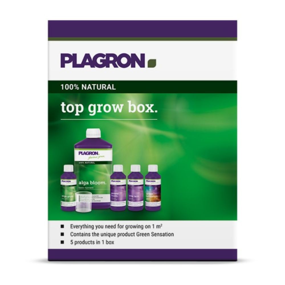 Plagron Top Grow Box 100% Natural od Bertels B.V. má zeleno-fialový design, obsahuje pět lahví včetně „Alga Bloom“, spoléhá na přírodní složky, podporuje růst na více než 1 m² a nabízí vynikající biologická hnojiva pro kompletní výživu.