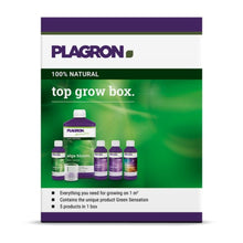 Plagron Top Grow Box 100% Natural od Bertels B.V. má zeleno-fialový design, obsahuje pět lahví včetně „Alga Bloom“, spoléhá na přírodní složky, podporuje růst na více než 1 m² a nabízí vynikající biologická hnojiva pro kompletní výživu.