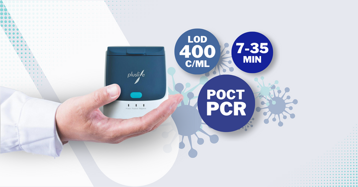 Eine Hand hält ein kompaktes medizinisches Gerät mit der Marke „pluslife“. Der Text auf dem Bild lautet „LOD 400 C/ML“, „7-35 MIN“ und „POCT PCR“, mit abstrakten Virusillustrationen im Hintergrund. Das Gerät scheint für Point-of-Care-PCR-Tests verwendet zu werden.