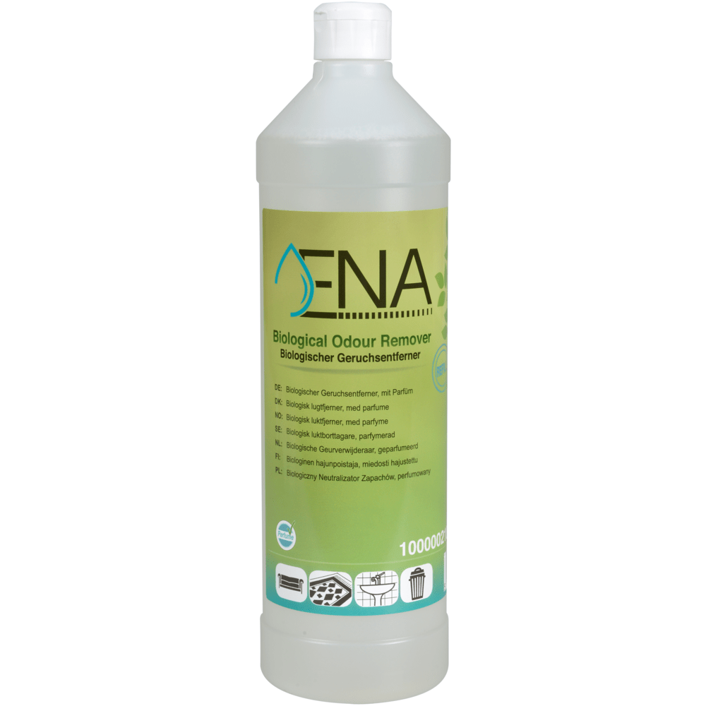 Plastová láhev o objemu 1 litr ENA Biologischer Geruchsentferner od společnosti Abena Re-Seller GmbH se zelenou etiketou a bílým uzávěrem, s vícejazyčnými informacemi a symboly pro použití na textiliích, kontejnerech a v kuchyni.